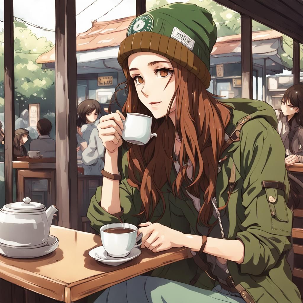 Hipster Woman at Cafe: Anime-Style Digital Art