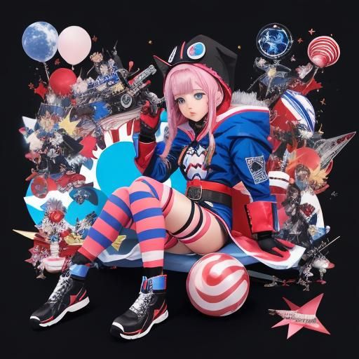 pomni (The amazing digital circus) wearing a black and blue outfit sitting down in a small white space suit , jester cap...