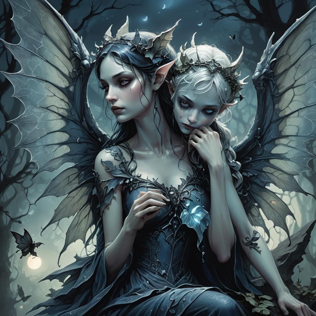 Gothic Fairy and Gargoyle in Dark Forest