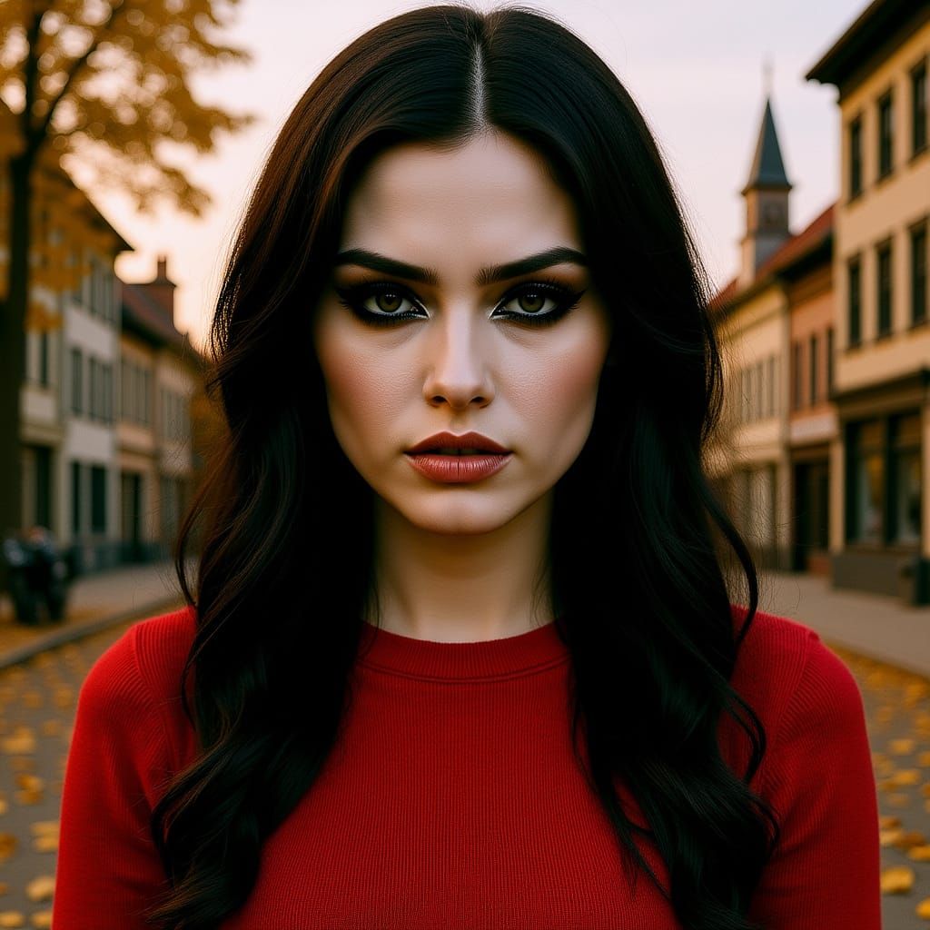 Emo Woman Merges with Vintage Autumn Town