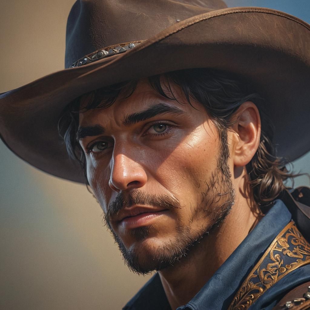 Cowboy Portrait with Black Hat in Digital Art Style
