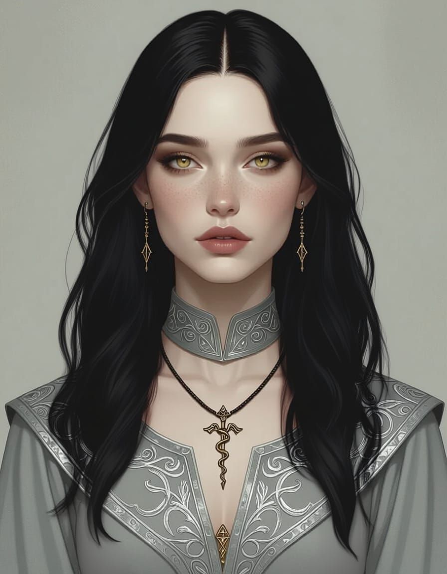 Gothic Elegance Portrait with Golden Eyes and Rod of Asclepi...