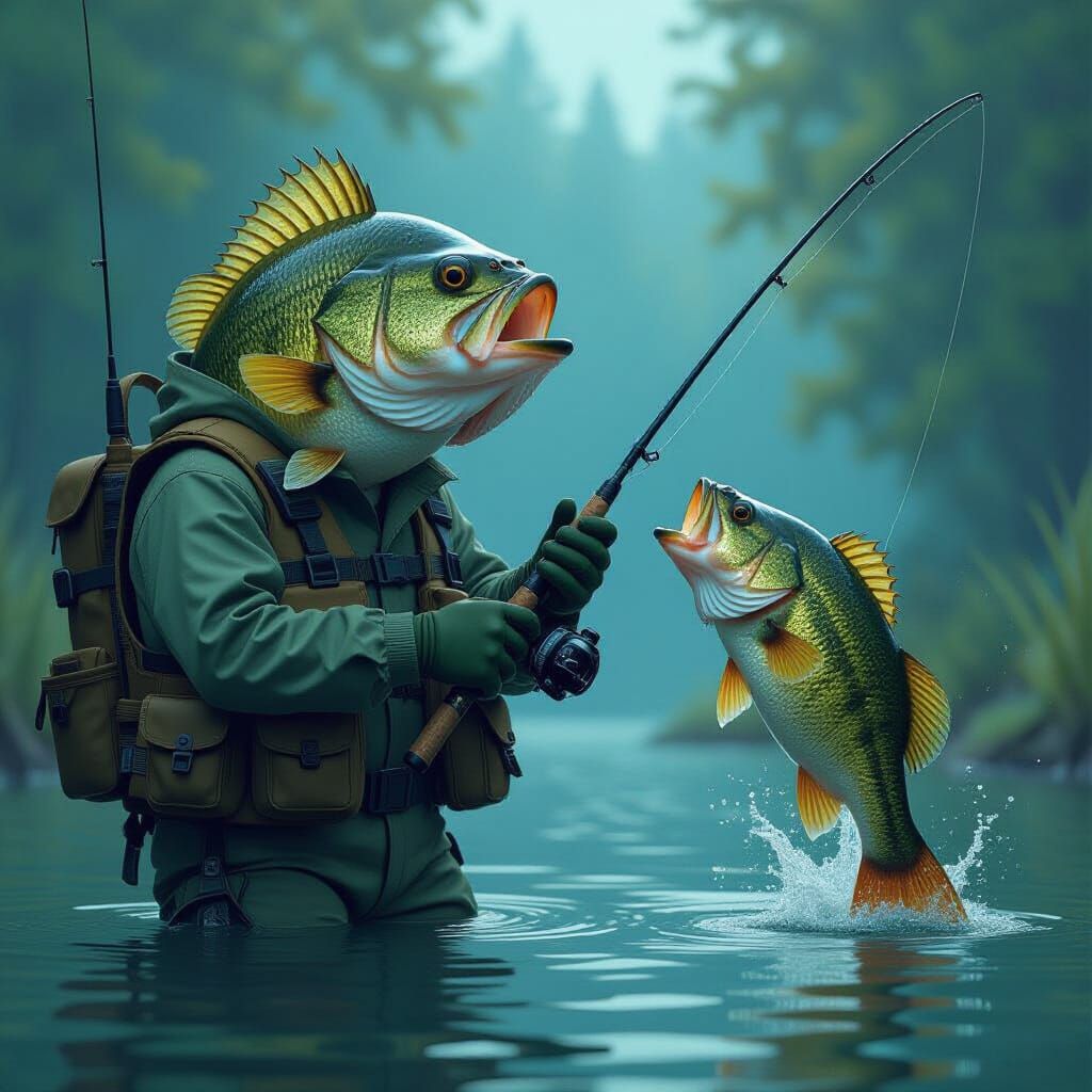Humanoid Bass Catches Largemouth in Hyperrealistic Scene