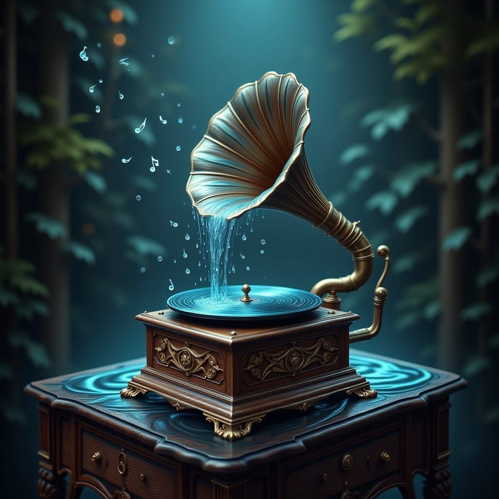 Enchanted Waterfall Emanates from Antique Victrola Record Pl...