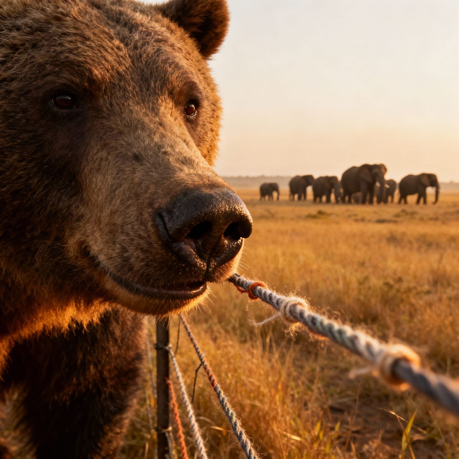Bear Investigates Fence in Savanna with Elephants