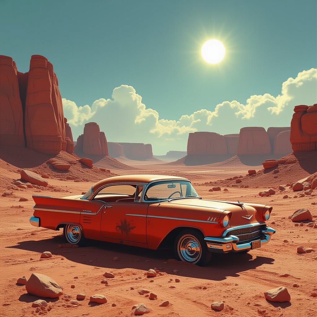 Abandoned Alien Planet Car Under Twin Suns