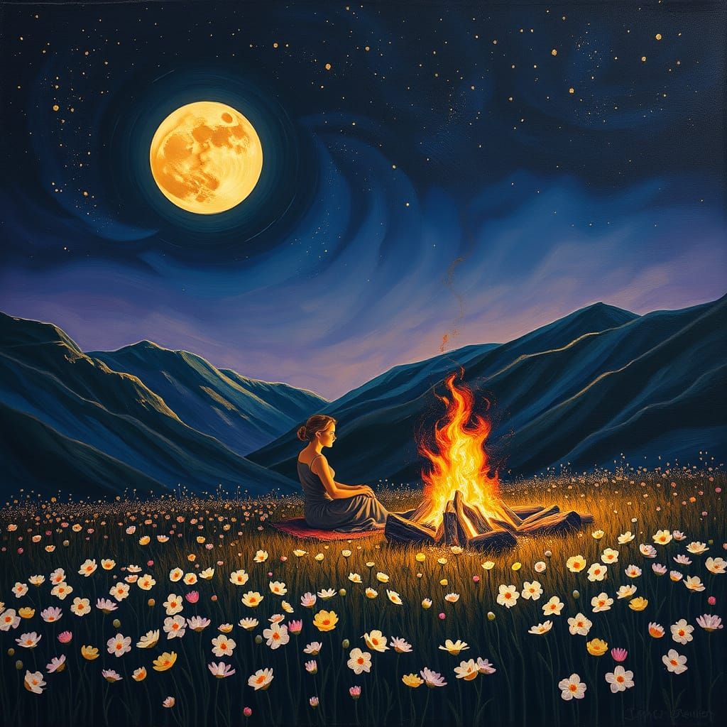 Woman by Fire Under Starry Sky as Impasto Painting