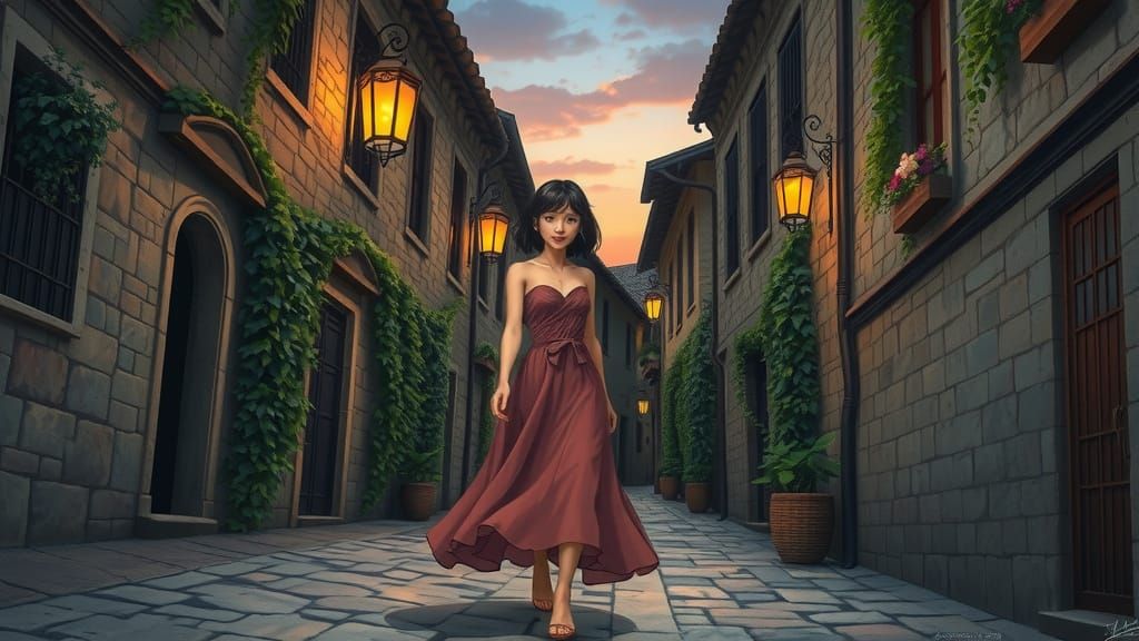 Twilight Alley Scene in Whimsical Digital Art Style