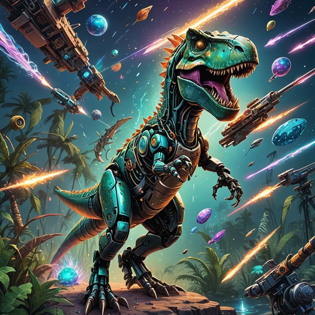 Robot T-Rex Harpoon Thrower in Astral Illustration