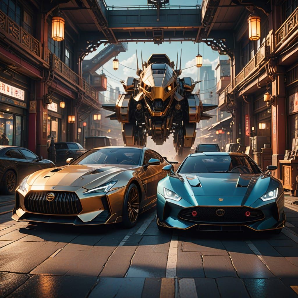 Steampunk Car Showdown in Vibrant Anime-Inspired Art