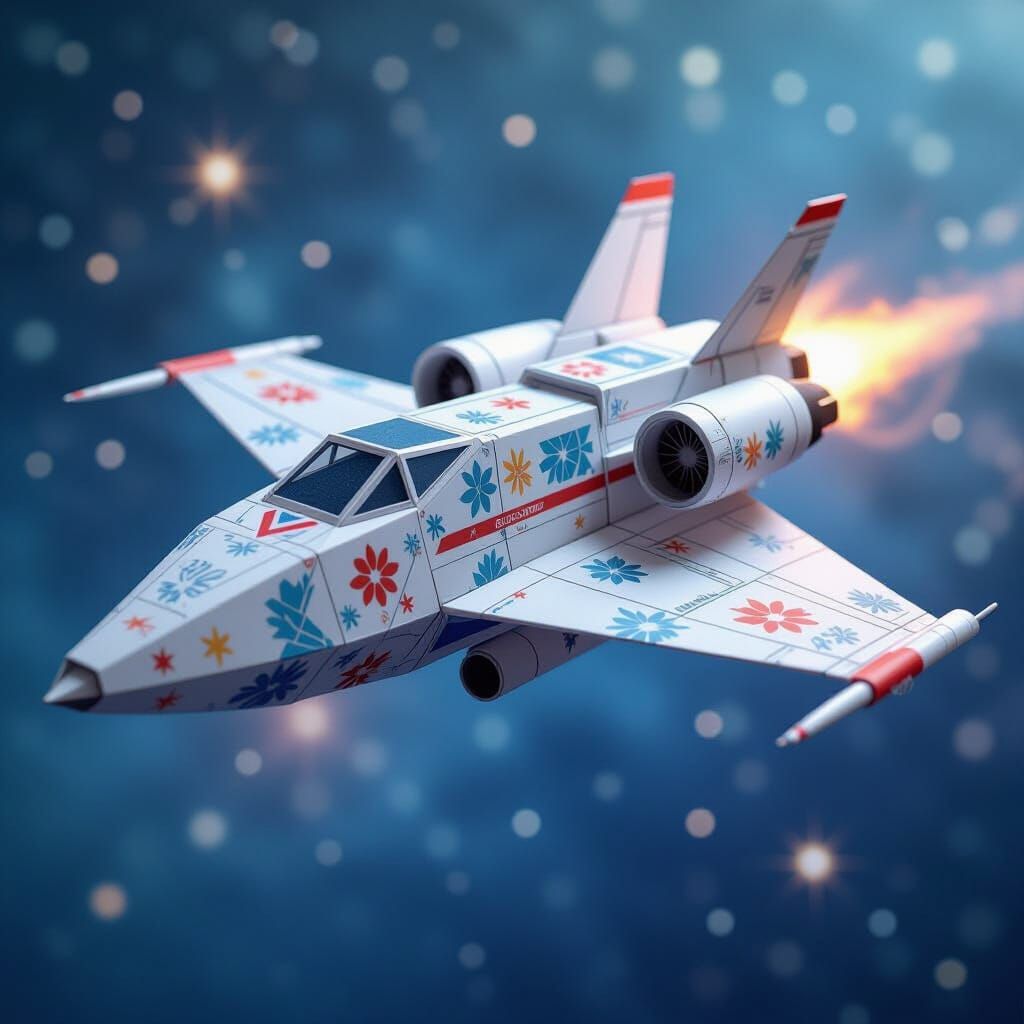 Origami Spaceship's Cosmic Voyage in Papercraft Style