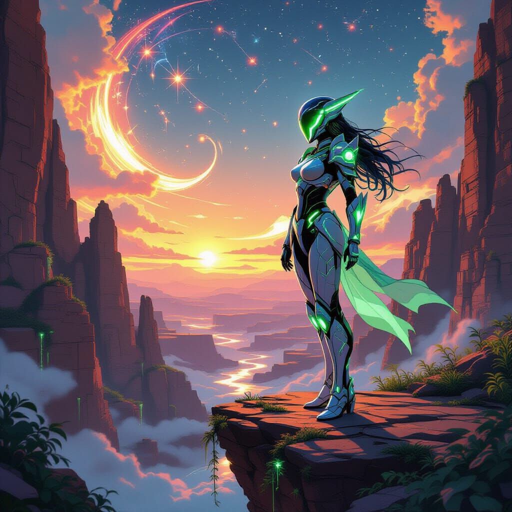 Goddess in Crystalline Armor on Glowing Canyon Ledge
