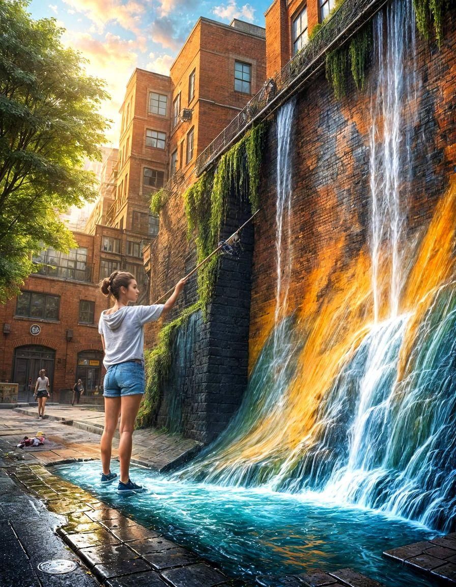 A girl painting a fantasy waterfall detailed mural onto a st...