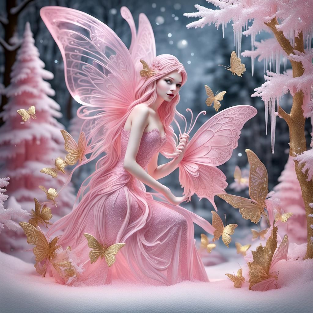 Pink Fairy Ice Sculpture in Winter Forest