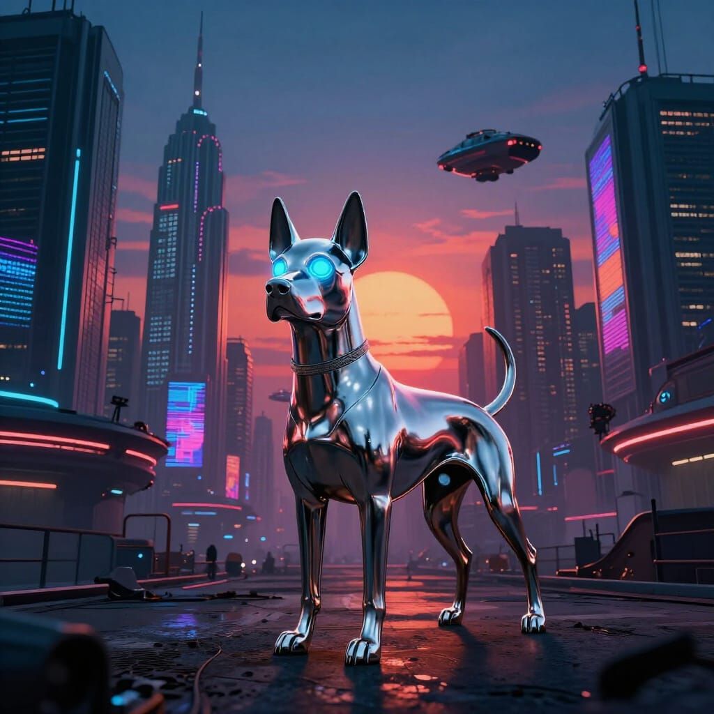 Chrome Robotic Dog in Retro-Futuristic Cityscape