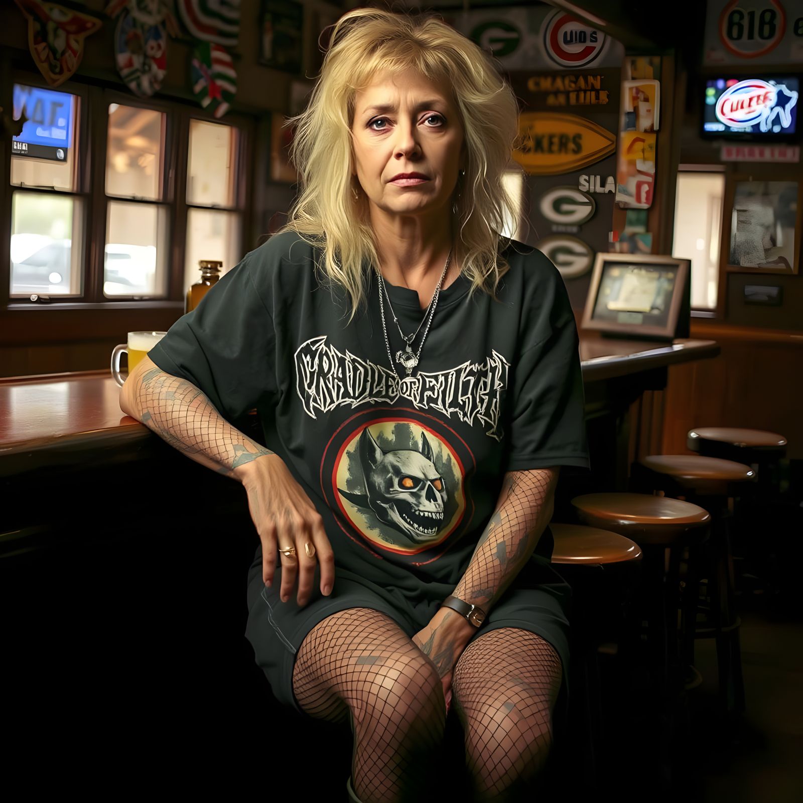 Tough Biker Woman at Rural Bar, Photorealistic Art