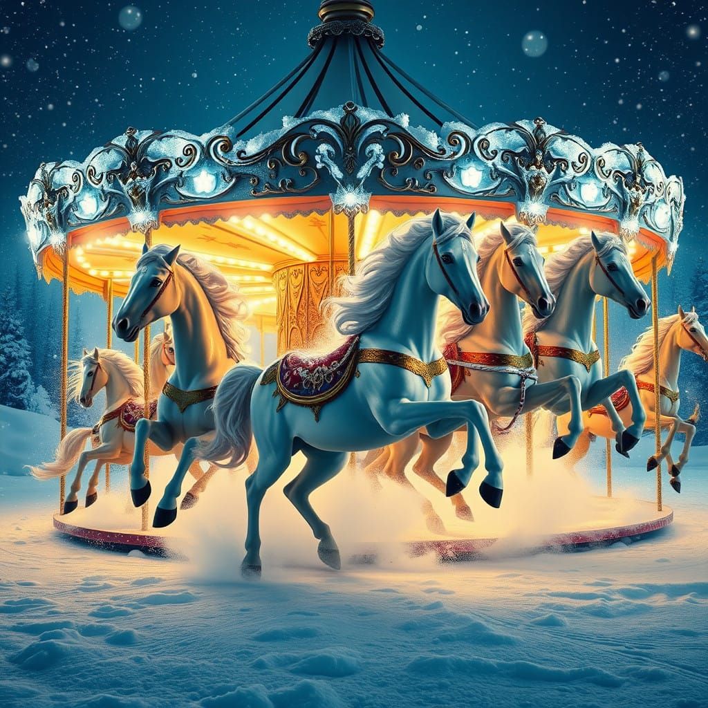 Majestic Horses Leap from Carousel into Winter Wonderland