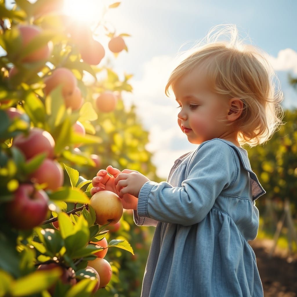 Child Picking Apples in Heavenly Sunshine