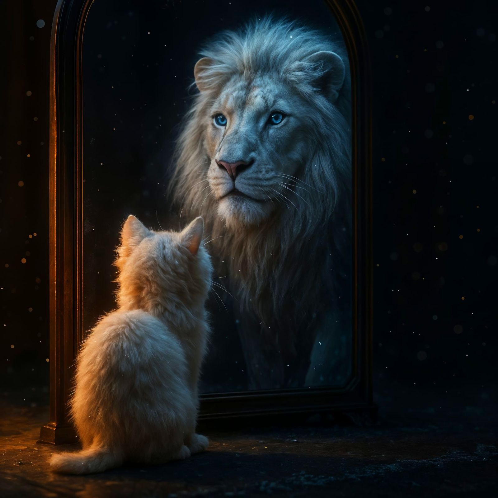 Majestic Lion Reflection: Hyperrealistic Cat in Mirror