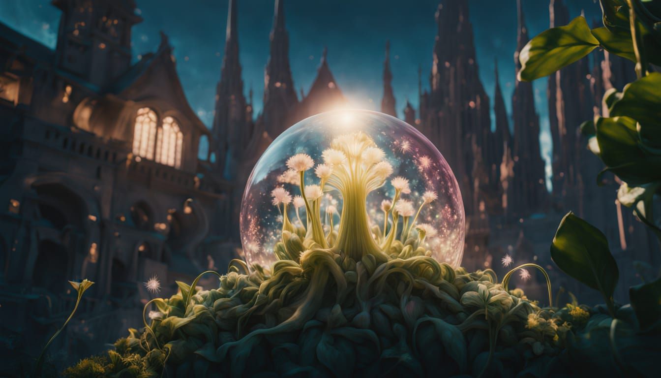 Ethereal Cityscape Blooms with Glowing Tendrils and Iridesce...