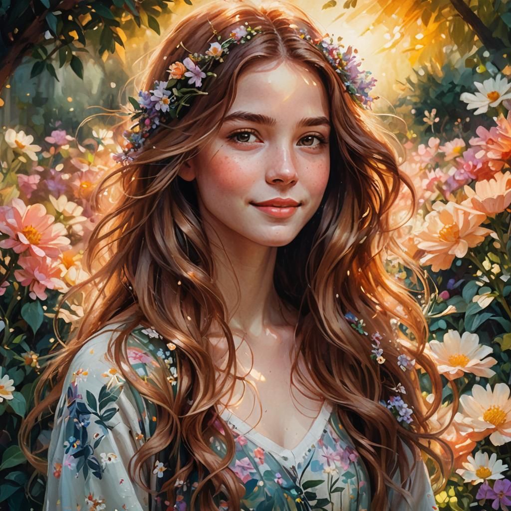 Girl in Sunlit Garden: Oil on Canvas Photoillustration