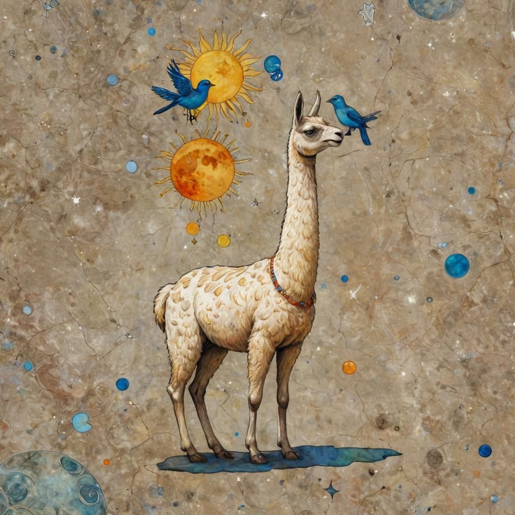 Surreal Llama and Blue Bird Celestial Journey