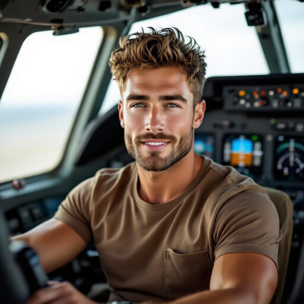 Handsome Pilot in Airplane Cockpit - Cinematic Portrait