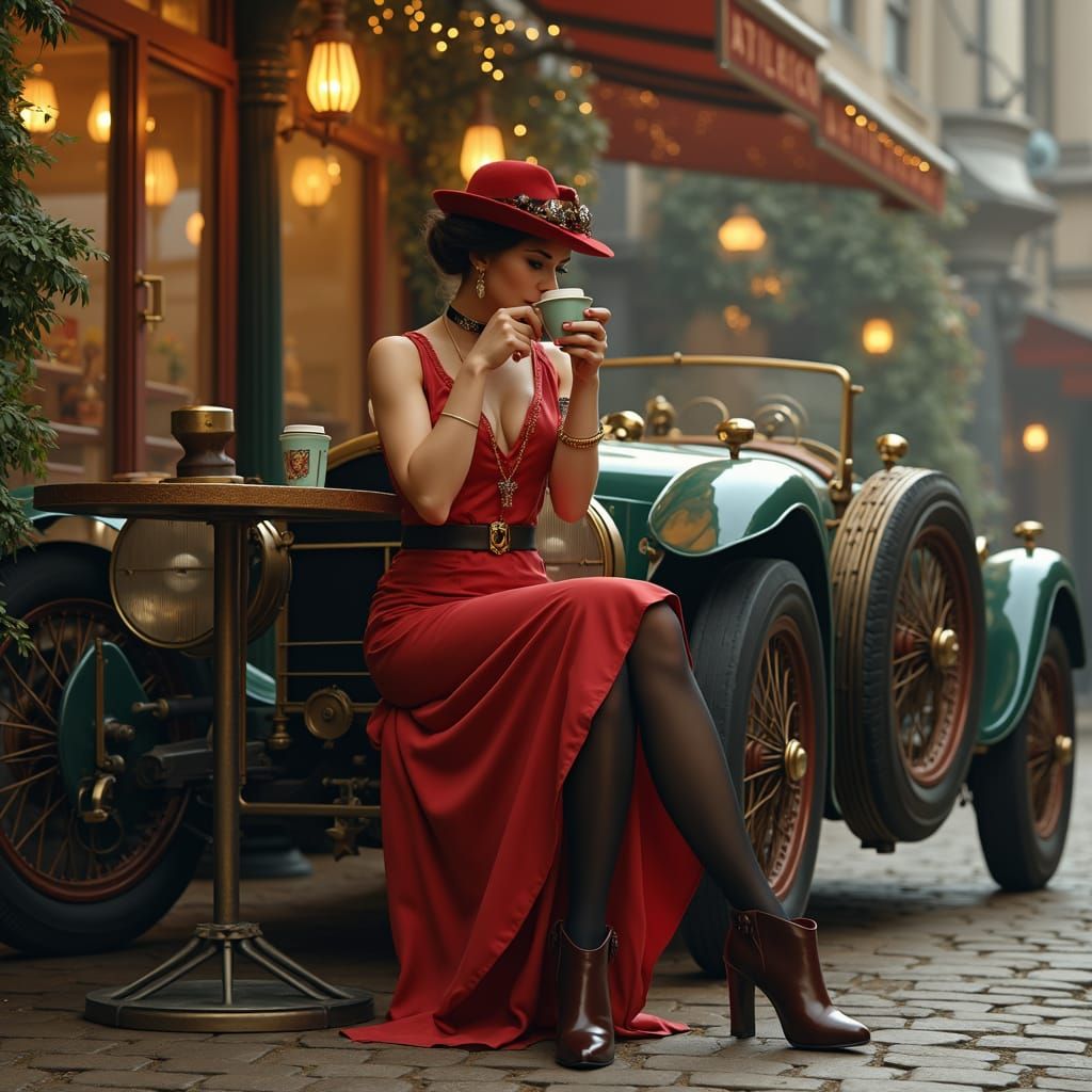 Digital painting cinematic oil painting of a beautiful bohemian steampunk 40 year old woman, 1920’s clothing (dress red/...