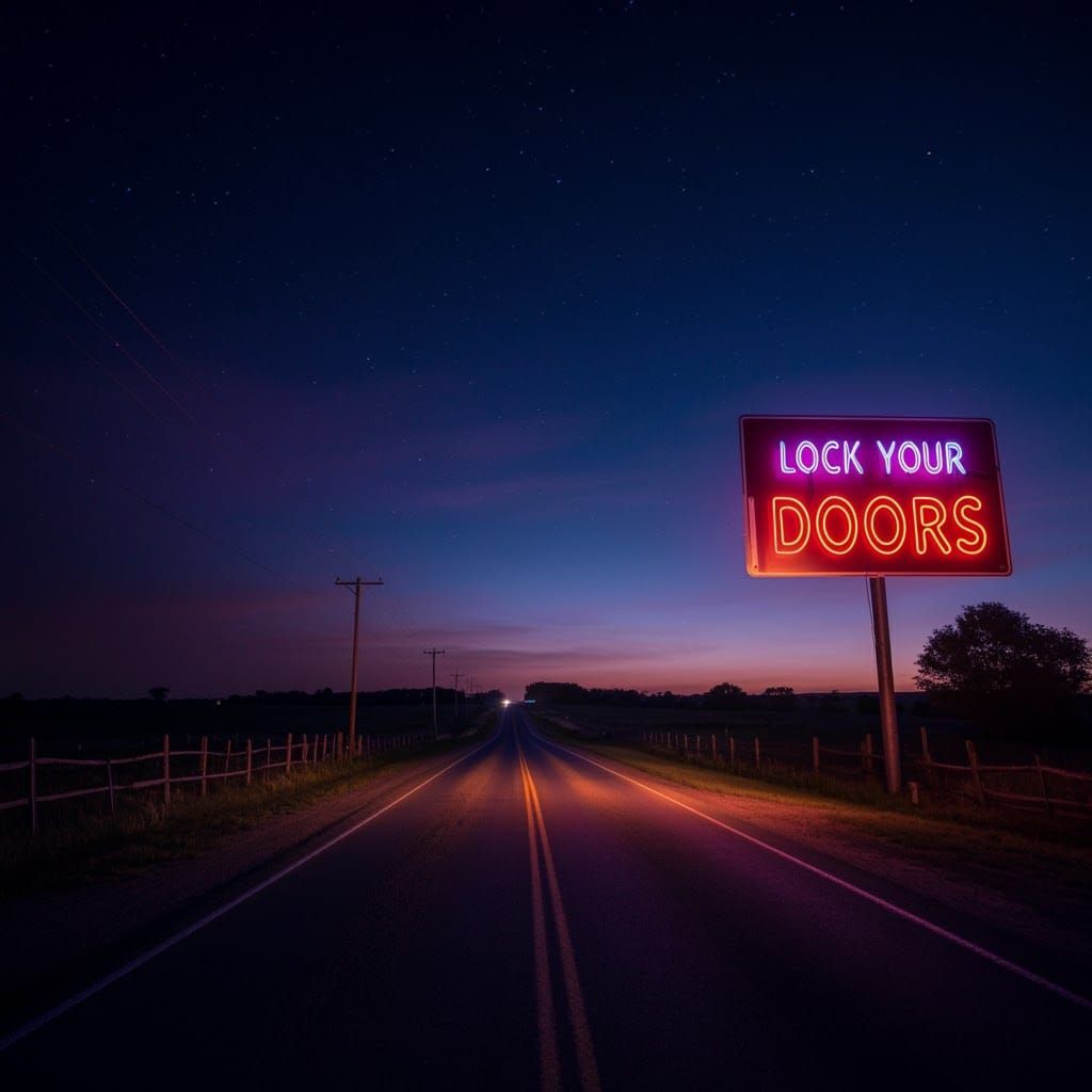 Neon Sign on a Dark Country Road