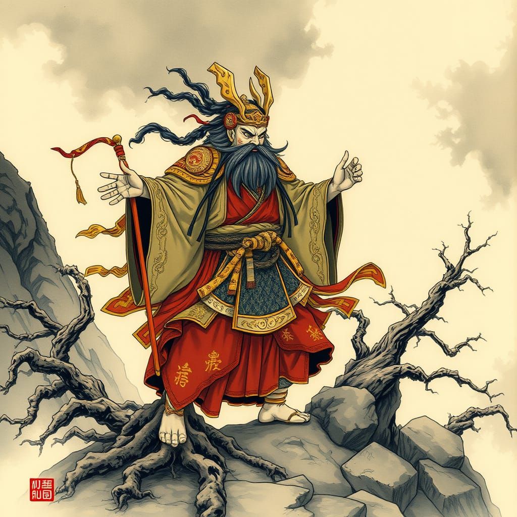 Majestic Ōyamatsumi, Ancient Japanese Mountain God, in Hokus...