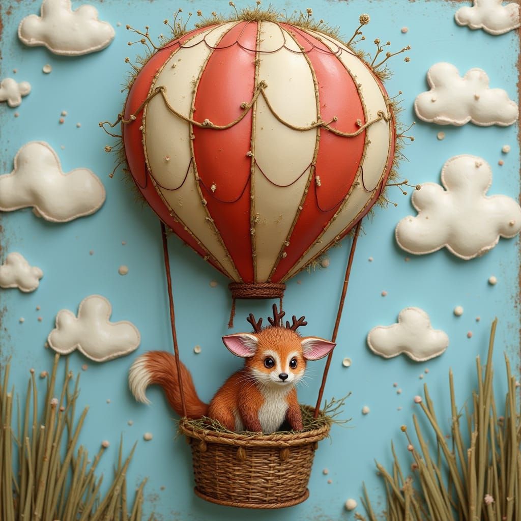 Whimsical Woodland Creature in Mixed Media Hot Air Balloon