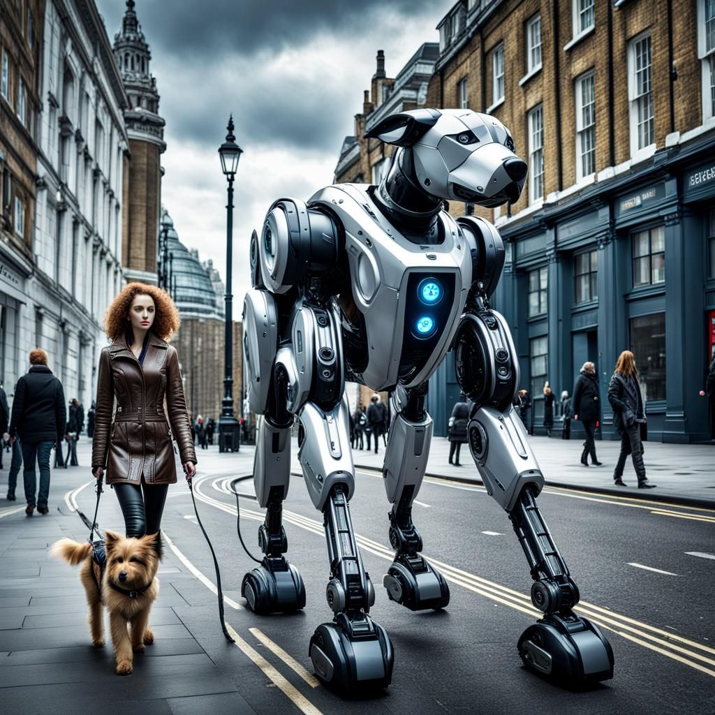 Woman Walks Robotic Dog in Cyberpunk London