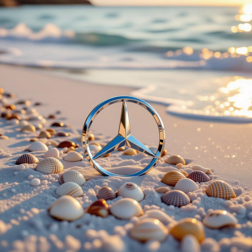 Mercedes-Benz Logo on Beach at Golden Hour