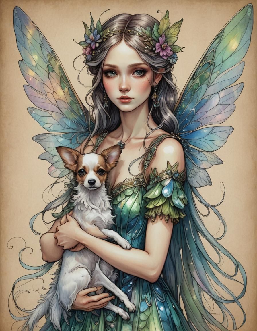 Fairy Woman with Iridescent Wings and Dog