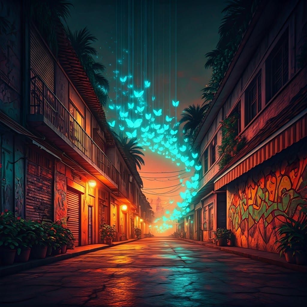 Dreamlike Glitching Butterflies in Tropical Cityscape