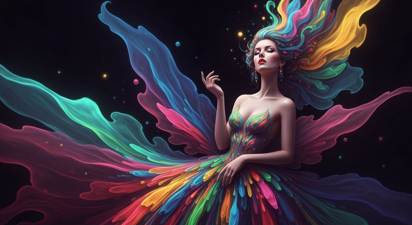 Lady in Flowing Liquid Neon Gown