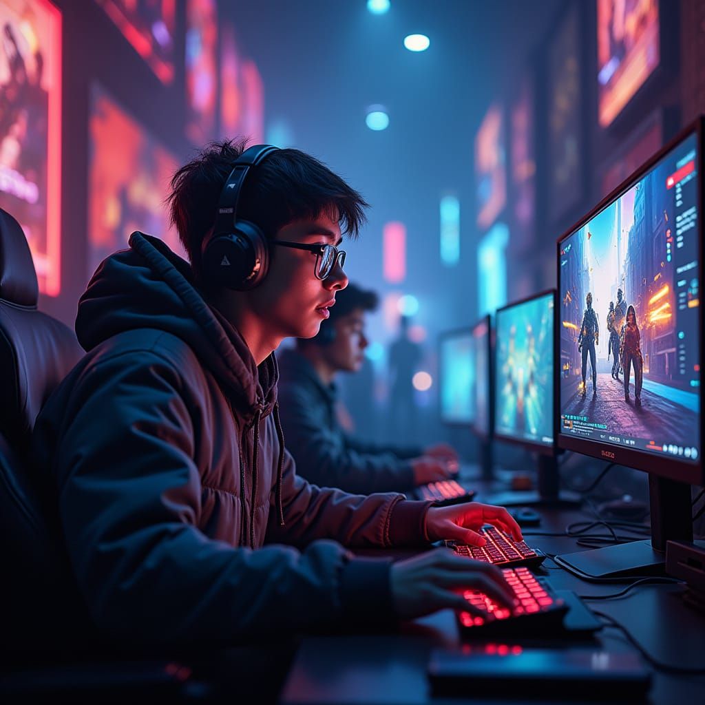 Intense Gamer in Cyberpunk Style Digital Battlefield