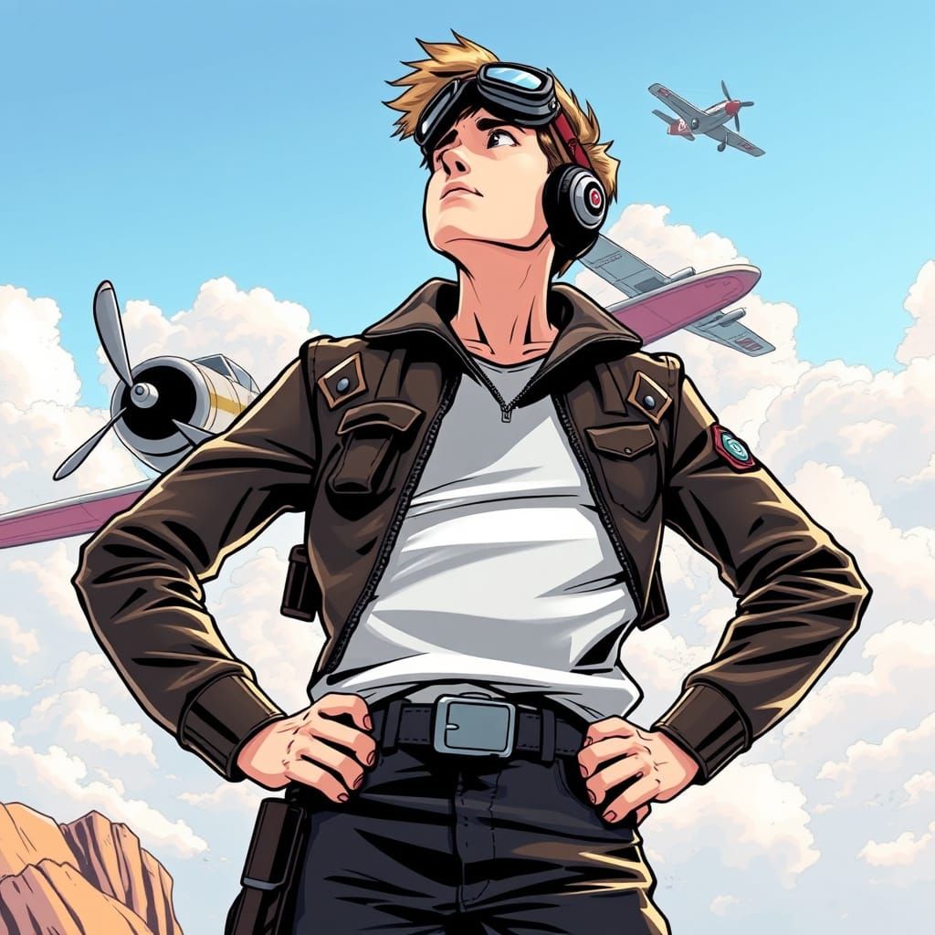 Aviator Gazing at Sky in Comic Book Art Style
