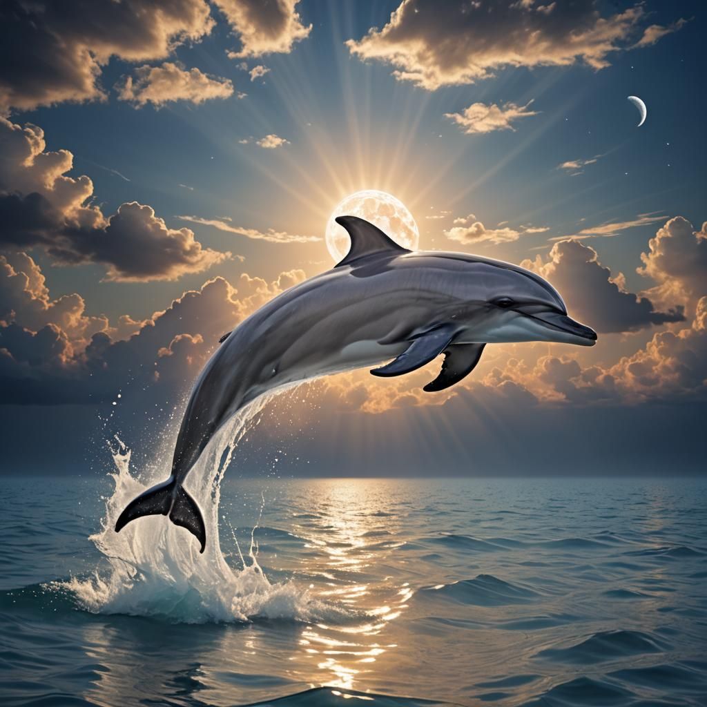 Dolphin Leaps Over Moonlit Water in Divine Light