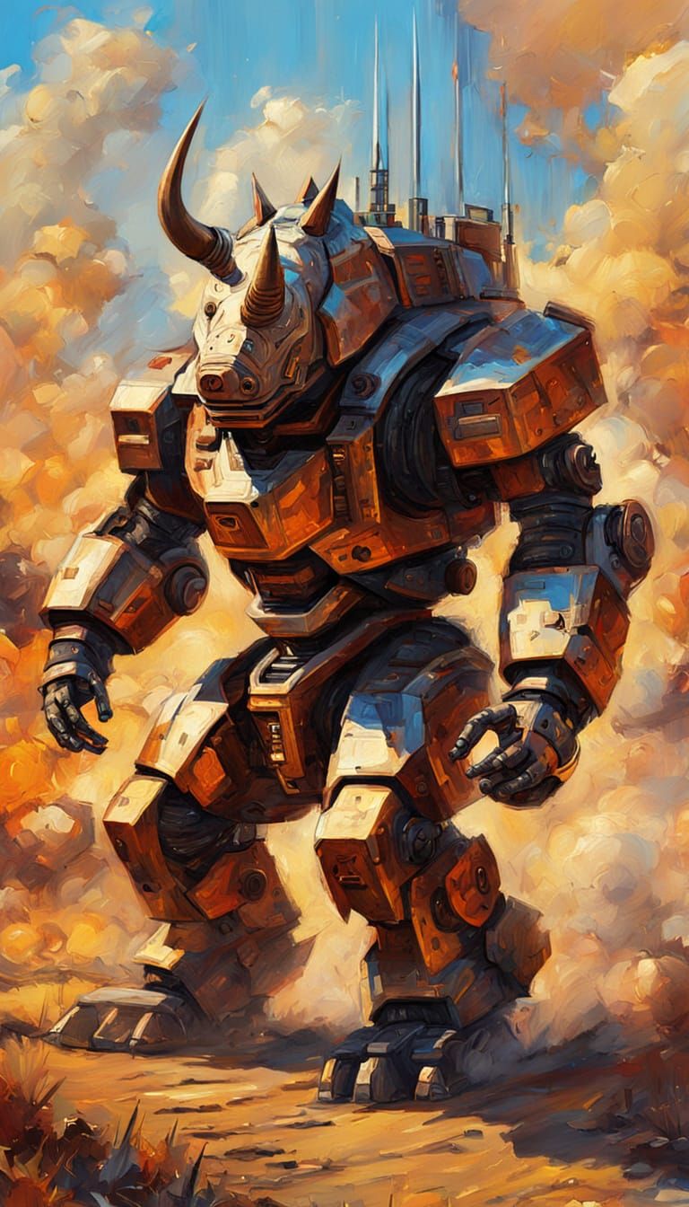 Dramatic Neo-Expressionist Painting of Charging Mech Rhino-F...