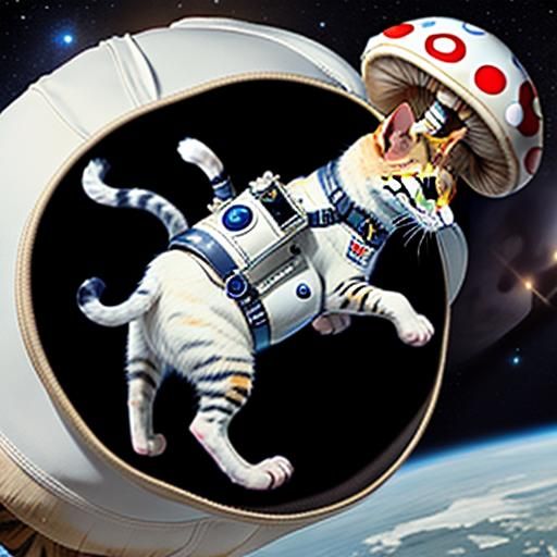 A mischievous kitten wearing a tiny spacesuit helmet peeks out from behind a giant mushroom, batting at the astronaut's ...