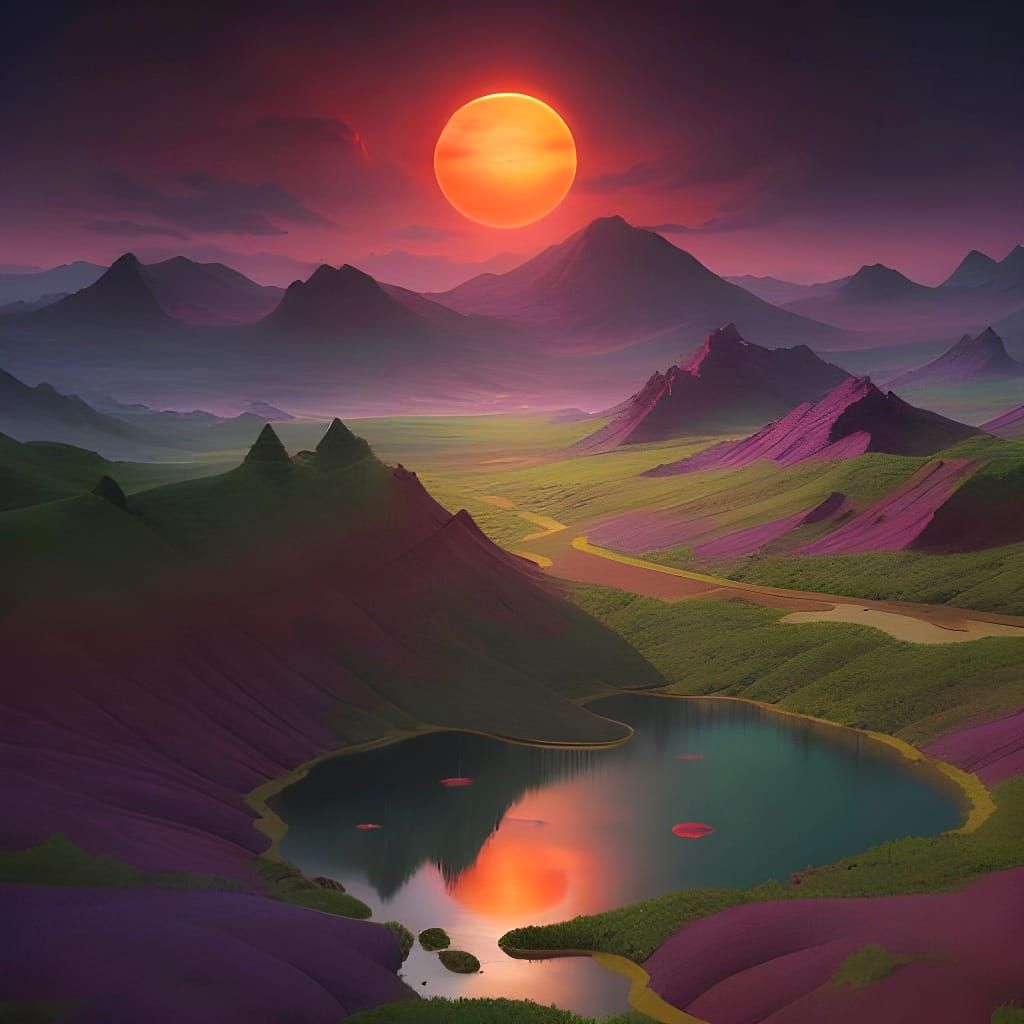 Red Sun Over Purple Hills in Matte Painting Style