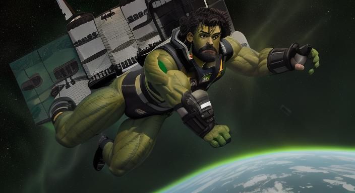 Green Muscle Man Floating in Space Shuttle