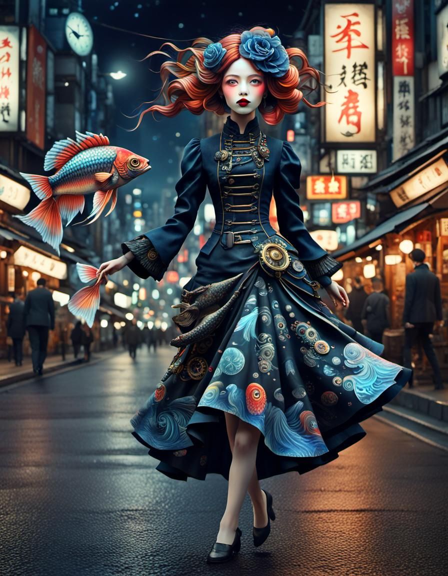Steampunk Doll with Tattoos in Tokyo, Surreal Digital Art