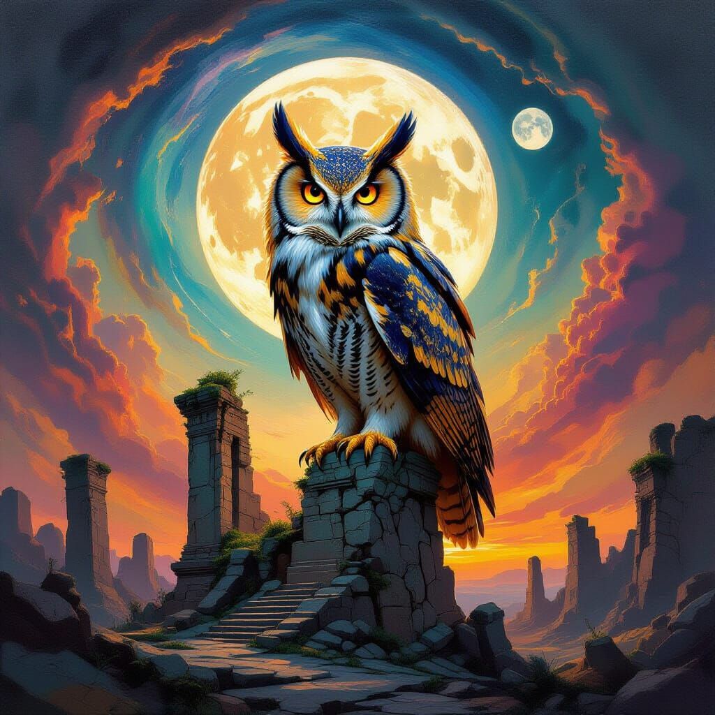 Ancient Golden Owl on Ruined Alien World