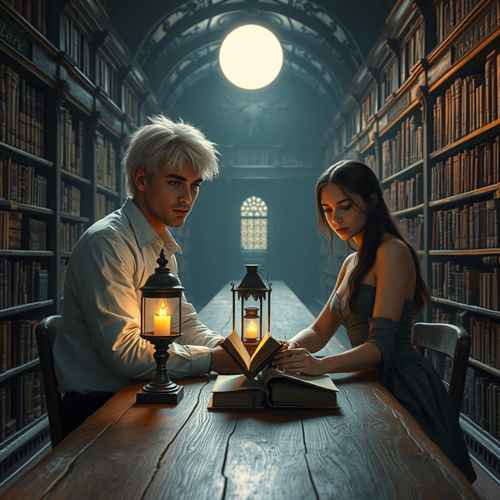 Moonlit University Library Study in Fantasy Art Style