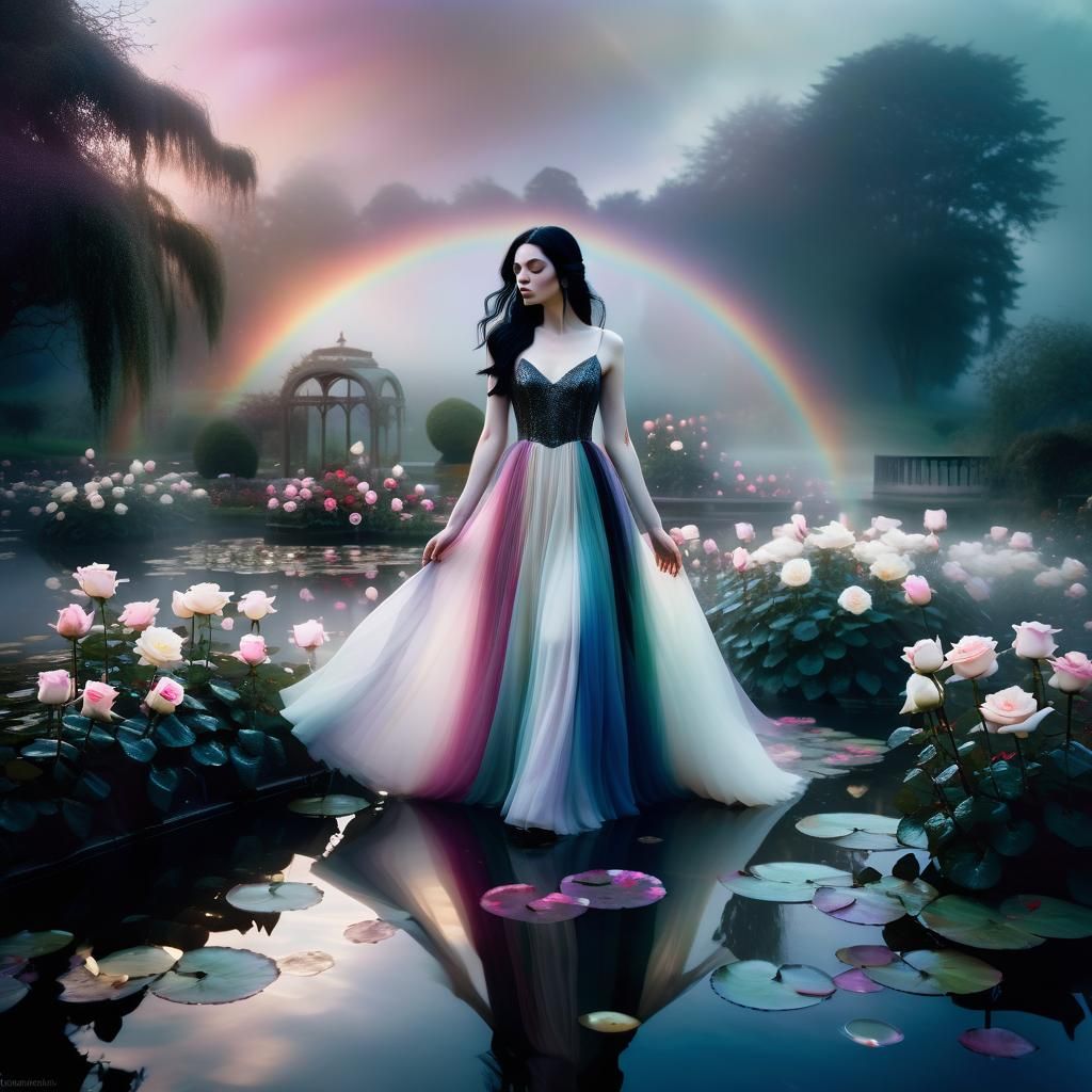 Dreamlike Woman in Misty Rose Garden Painting