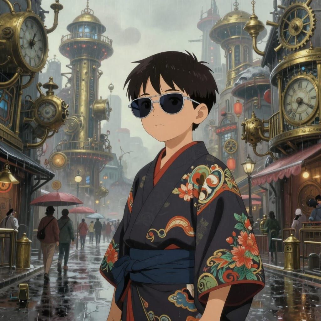 Boy in Steampunk City with Anime Style