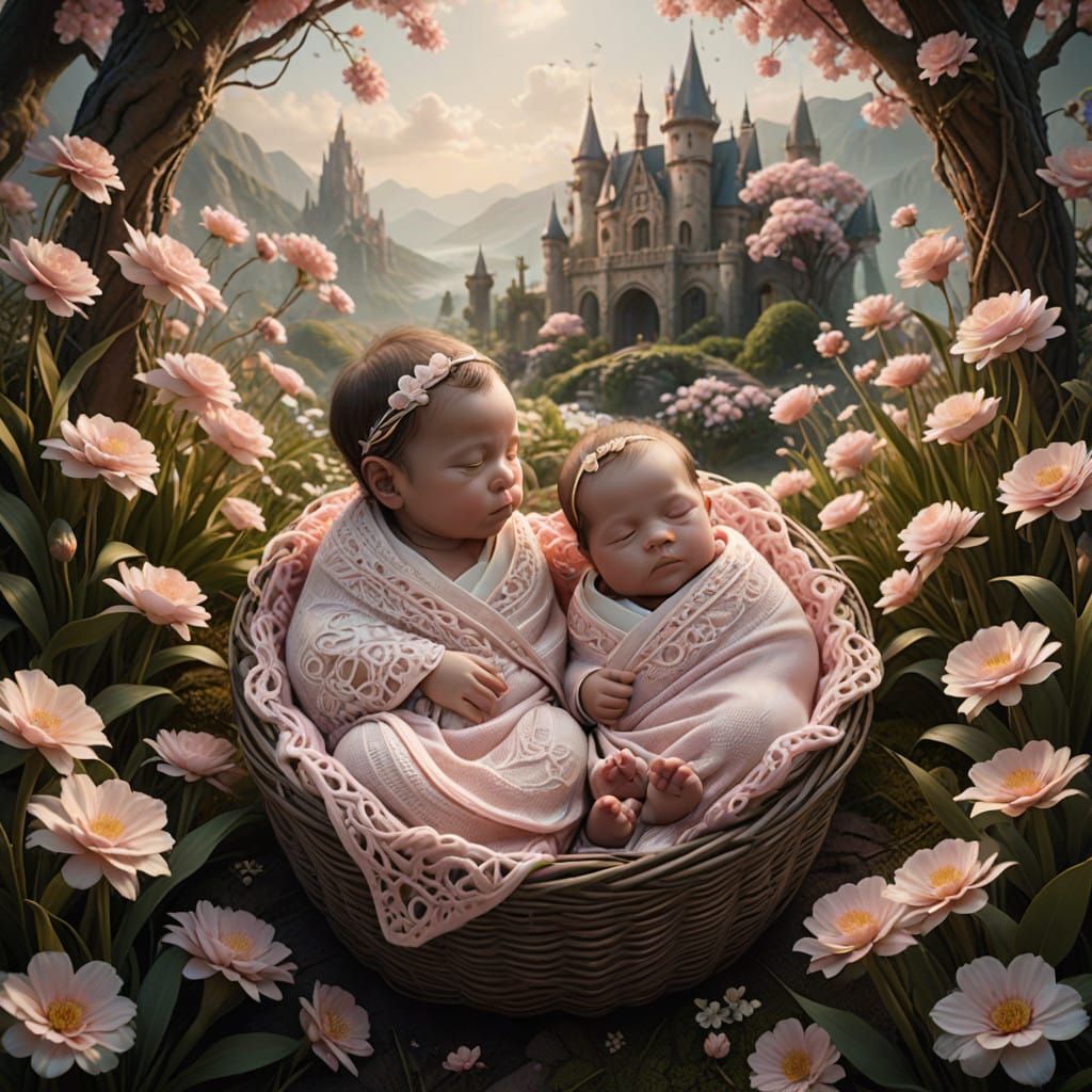 Dreamy Twin Baby Girls in Whimsical Floral Wonderland