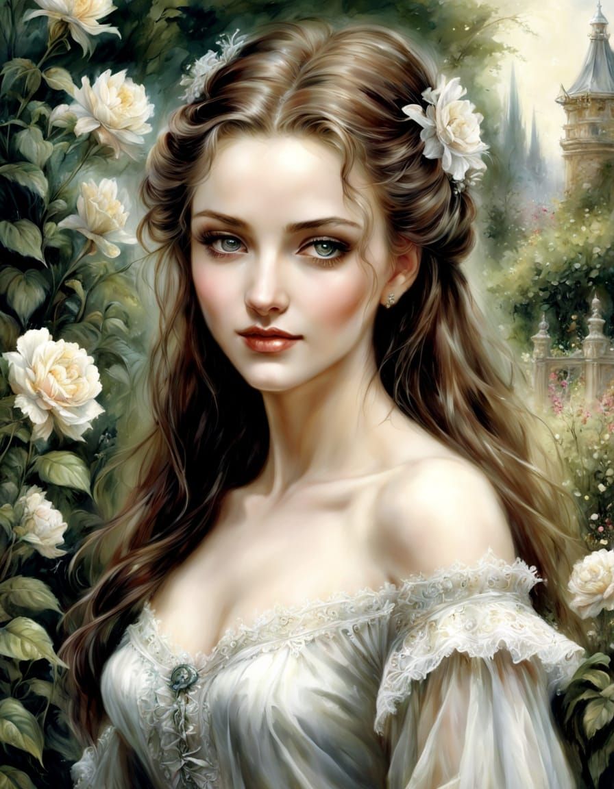 Victorian Lady in Garden, Pale Skin, Shy Smile, Luis Royo-In...